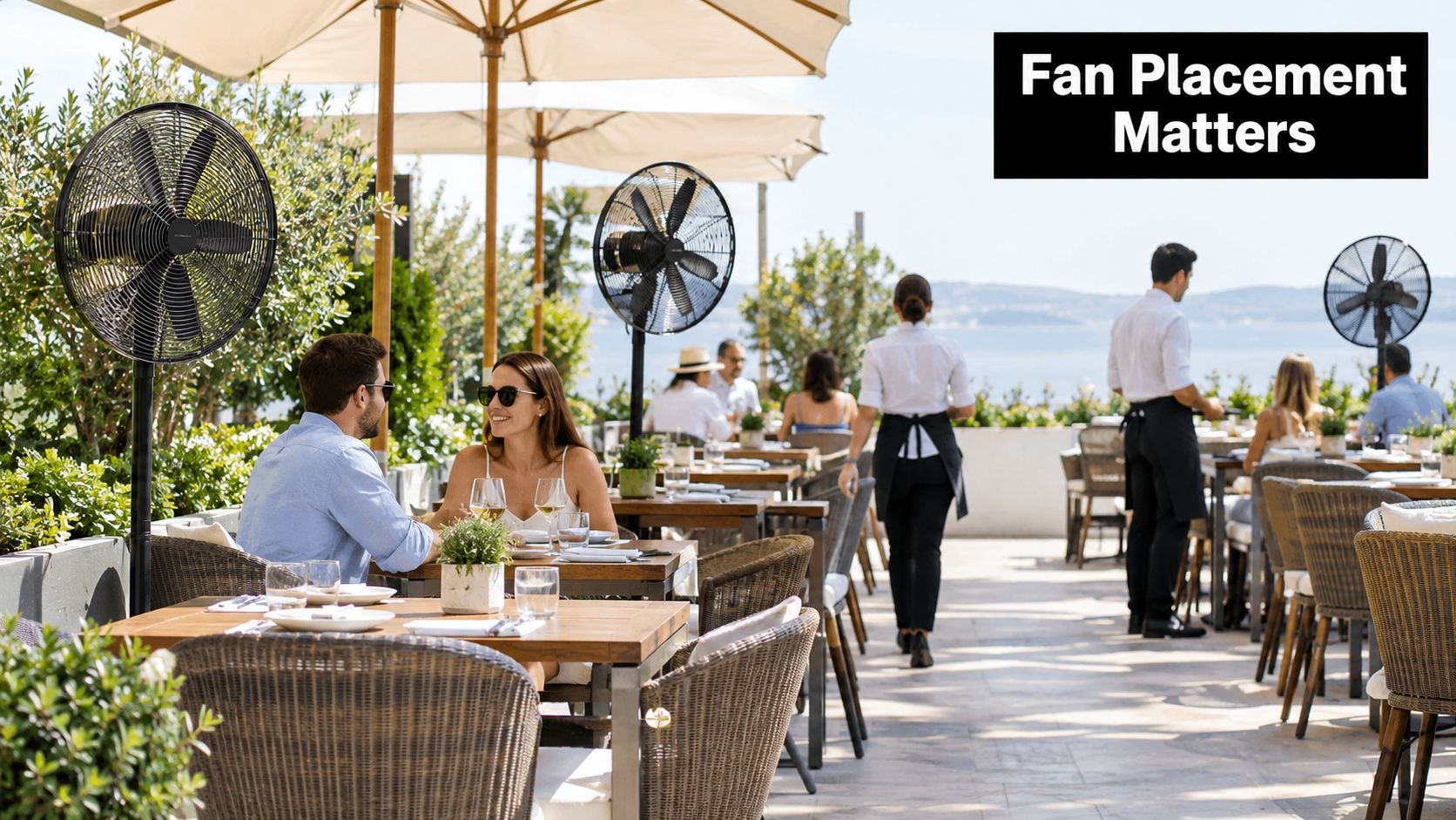 Patio dining area with outdoor pedestal fans helping to keep mosquitoes away from diners in a restaurant.