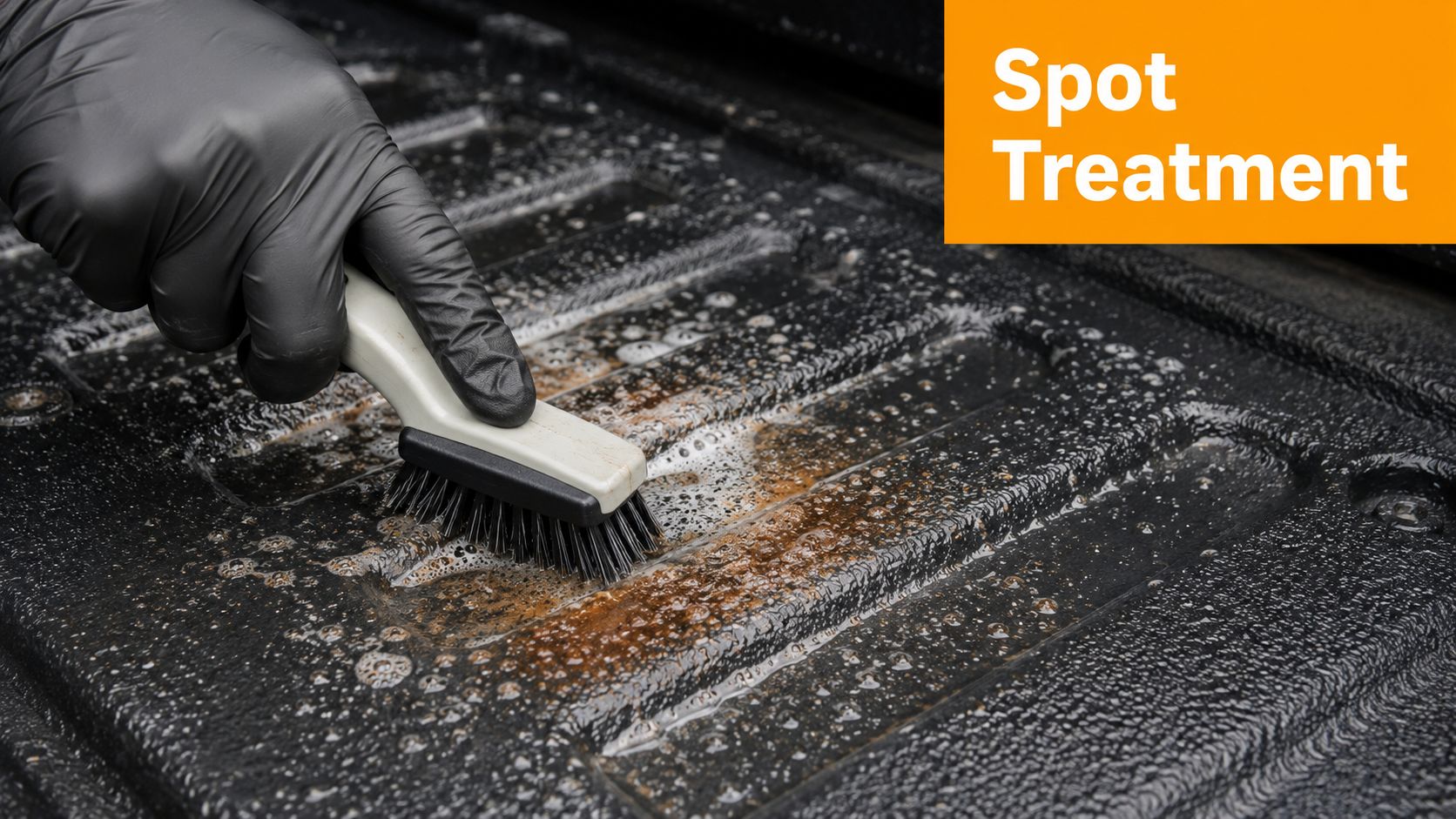 A gloved hand scrubbing a dirty, stained truck bed surface with a handheld cleaning brush.