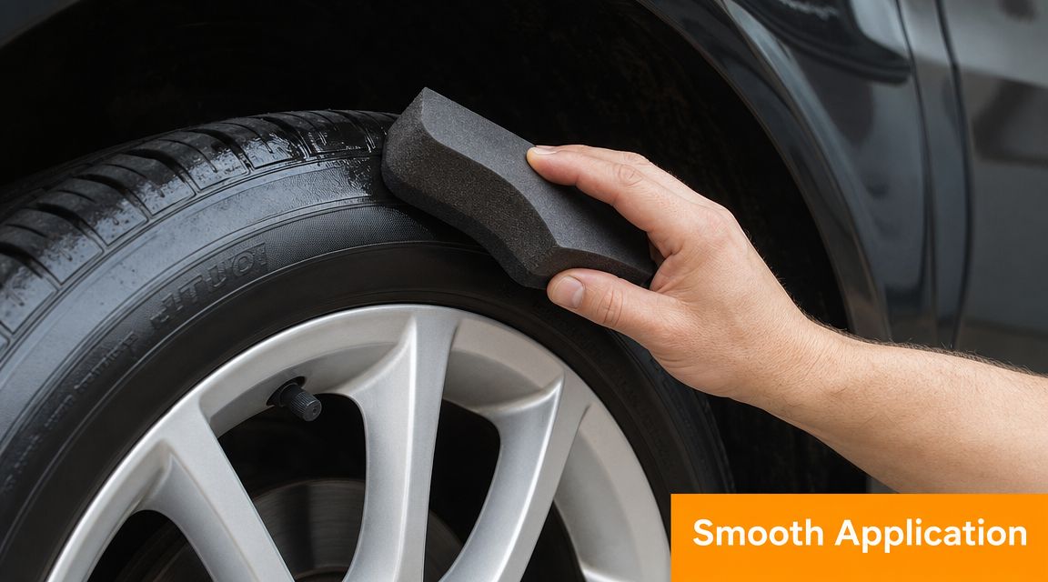 A hand using a foam tire dressing applicator sponge to apply shine product to a car tire.