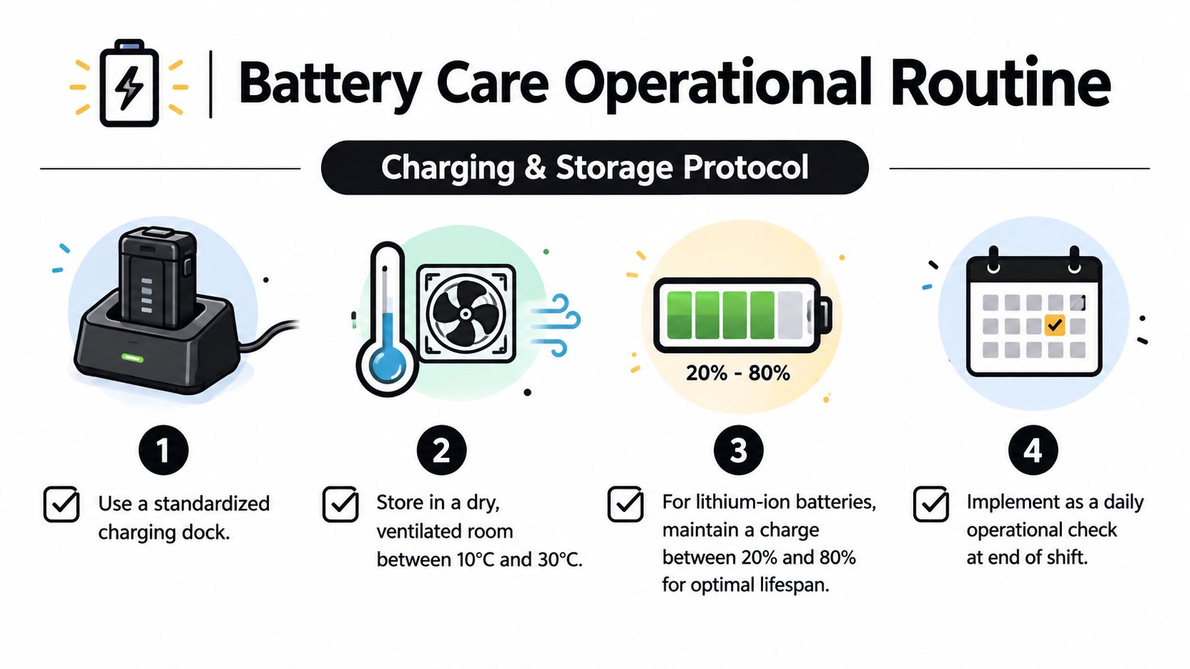 An infographic titled Battery Care Operational Routine illustrating four steps for charging and storing lithium-ion batteries correctly.