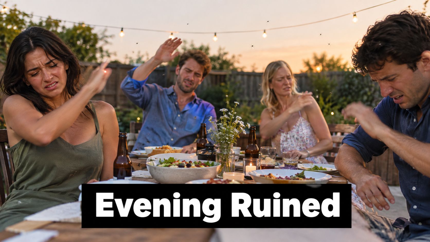 A group of friends at an outdoor dinner table swatting away swarms of annoying insects and mosquitoes.