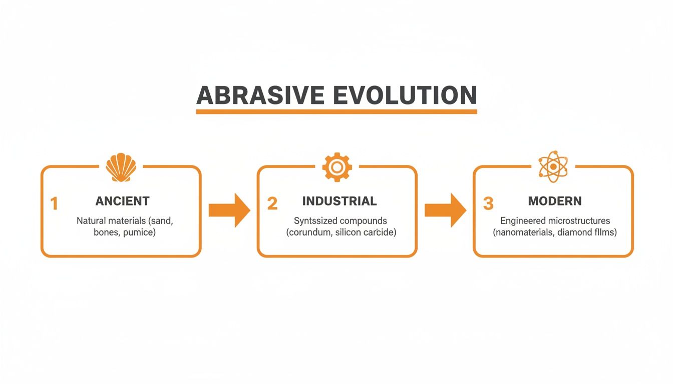 Diagram illustrating the evolution of abrasives from ancient natural materials to modern engineered microstructures.