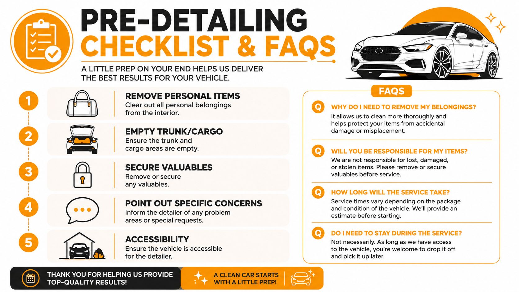 A car detailing preparation checklist with numbered steps and frequently asked questions for vehicle owners.