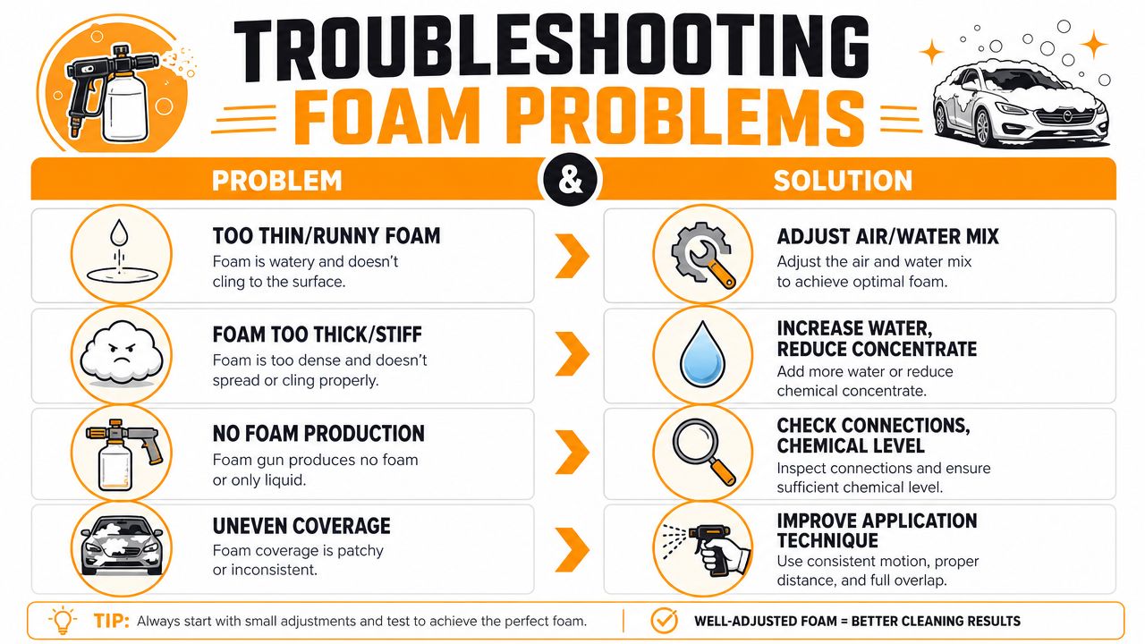 A troubleshooting guide infographic for foam gun issues, displaying common problems like thin foam or uneven coverage and their solutions.