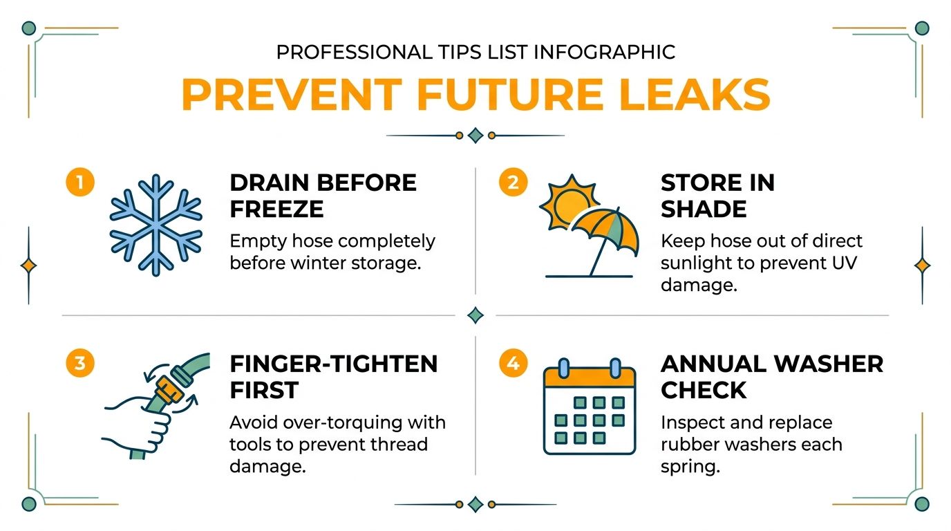 An infographic titled Prevent Future Leaks showing four tips for maintaining garden hoses to avoid water leakage.
