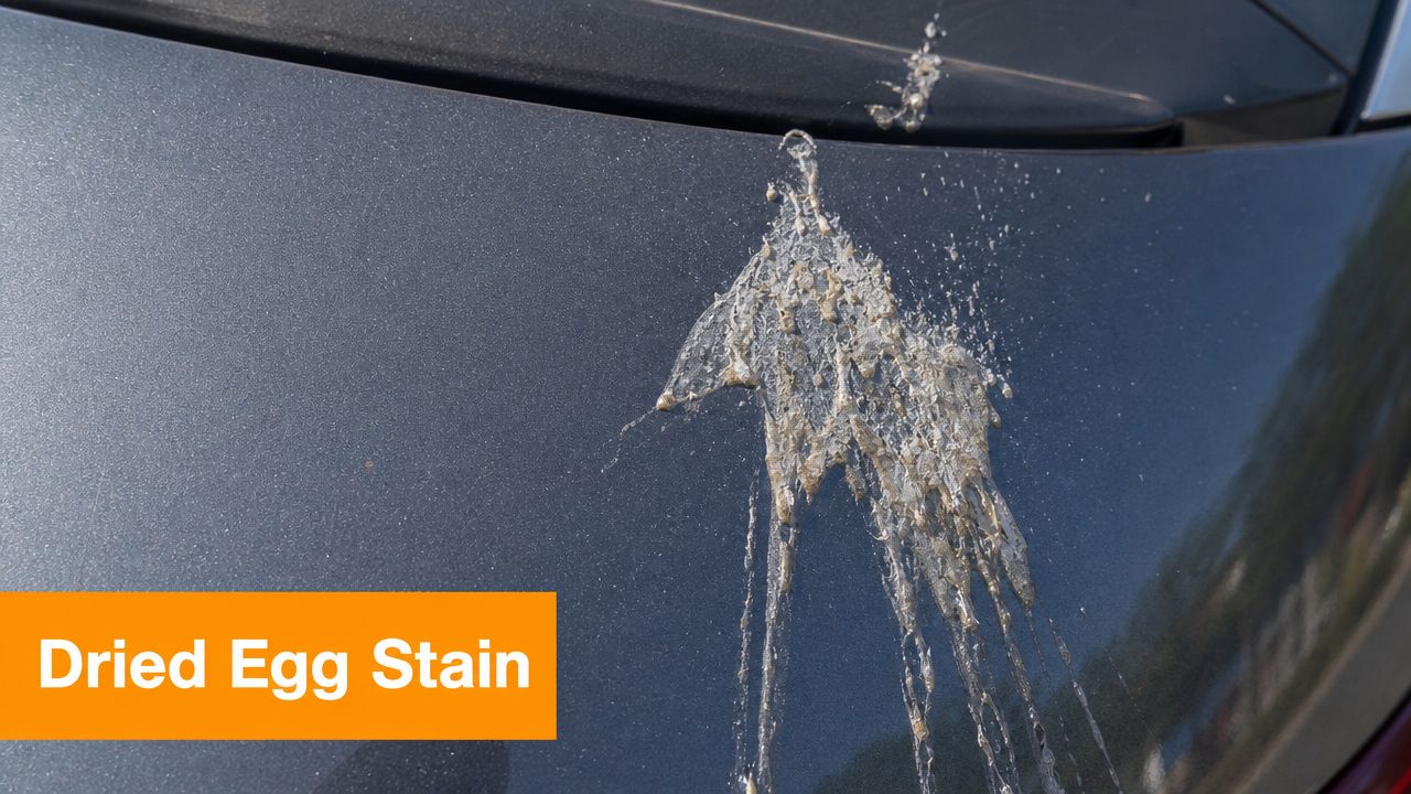 A close-up view of a dried, splattered egg stain on the dark metallic paint of a car hood.