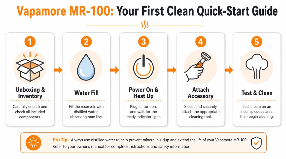 A five-step quick start guide for the Vapamore MR-100 steam cleaner, showing unboxing, filling, heating, and cleaning.