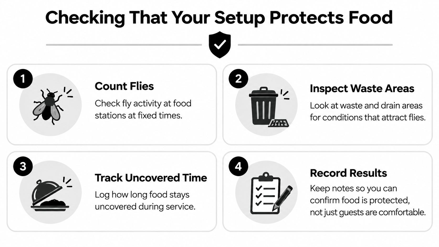 A four-step infographic illustrating methods to check that your food setup effectively protects against flies.