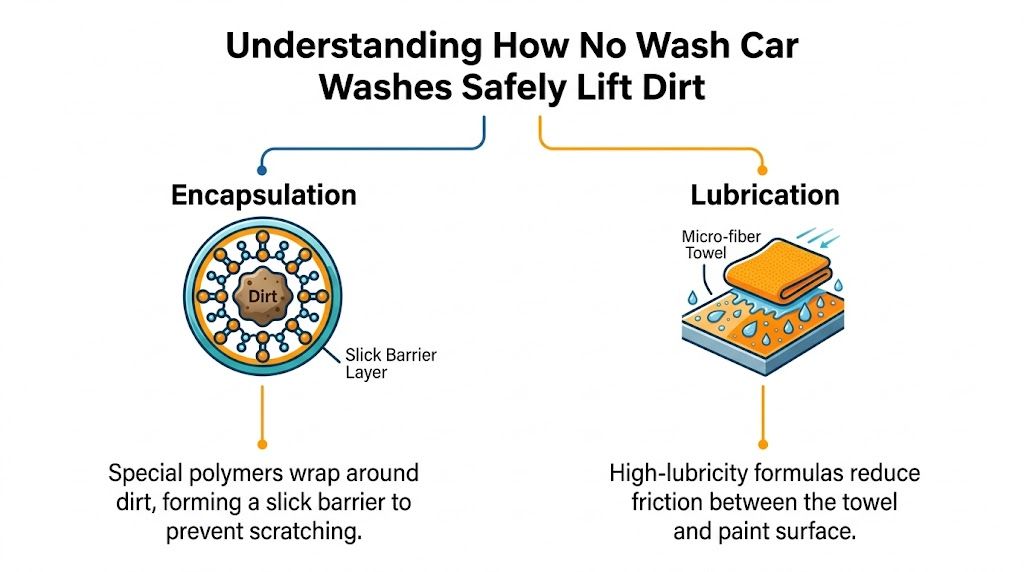 A diagram explaining how no wash car washes use encapsulation and lubrication to safely remove vehicle dirt.