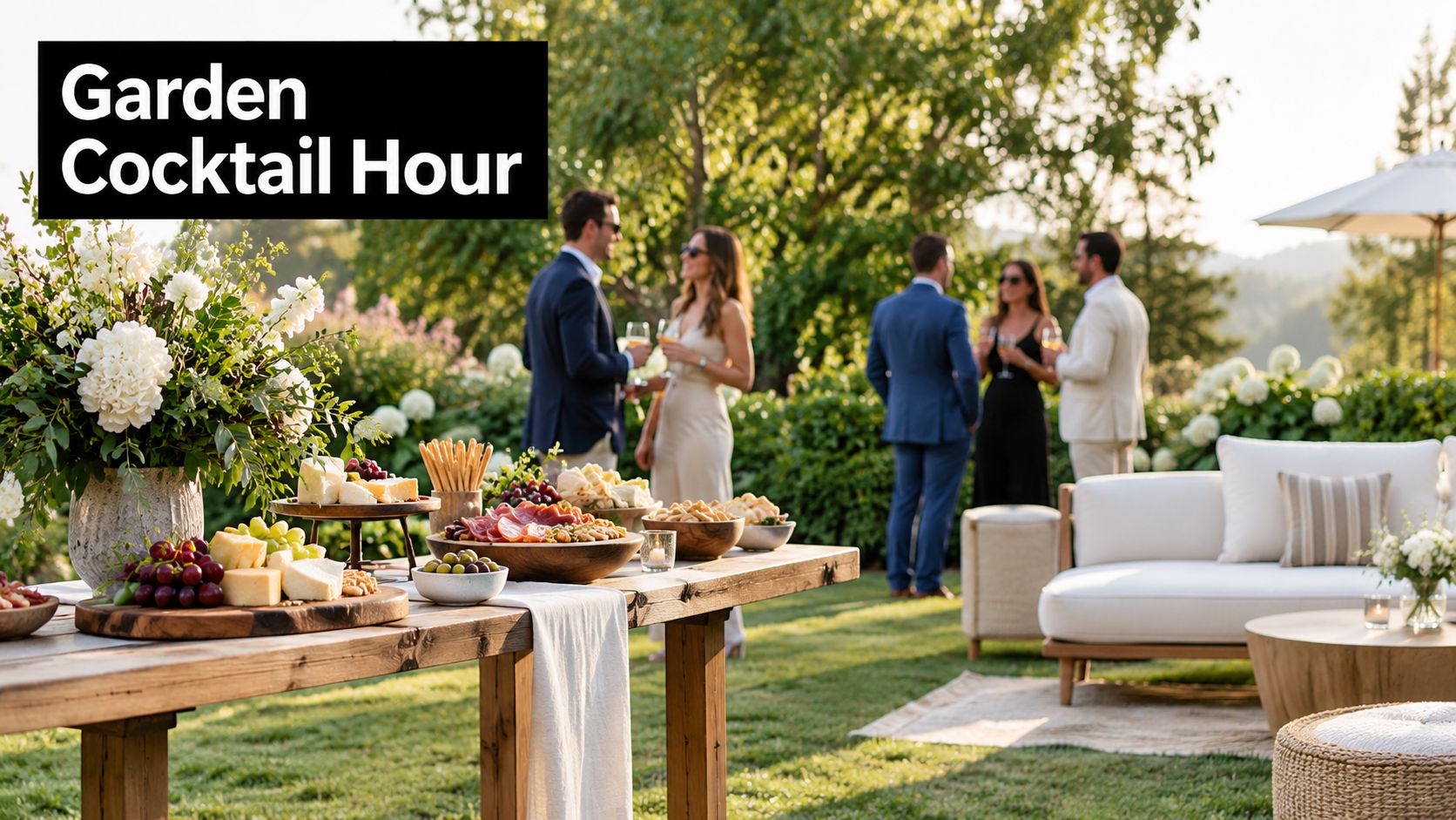 A scenic outdoor garden cocktail hour with guests mingling near a rustic table featuring appetizers and drinks.