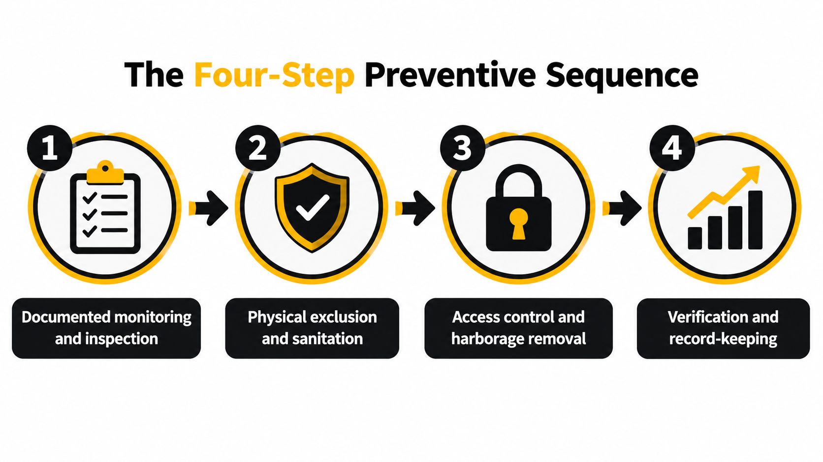 A diagram titled The Four-Step Preventive Sequence outlining a process for pest control and safety monitoring.