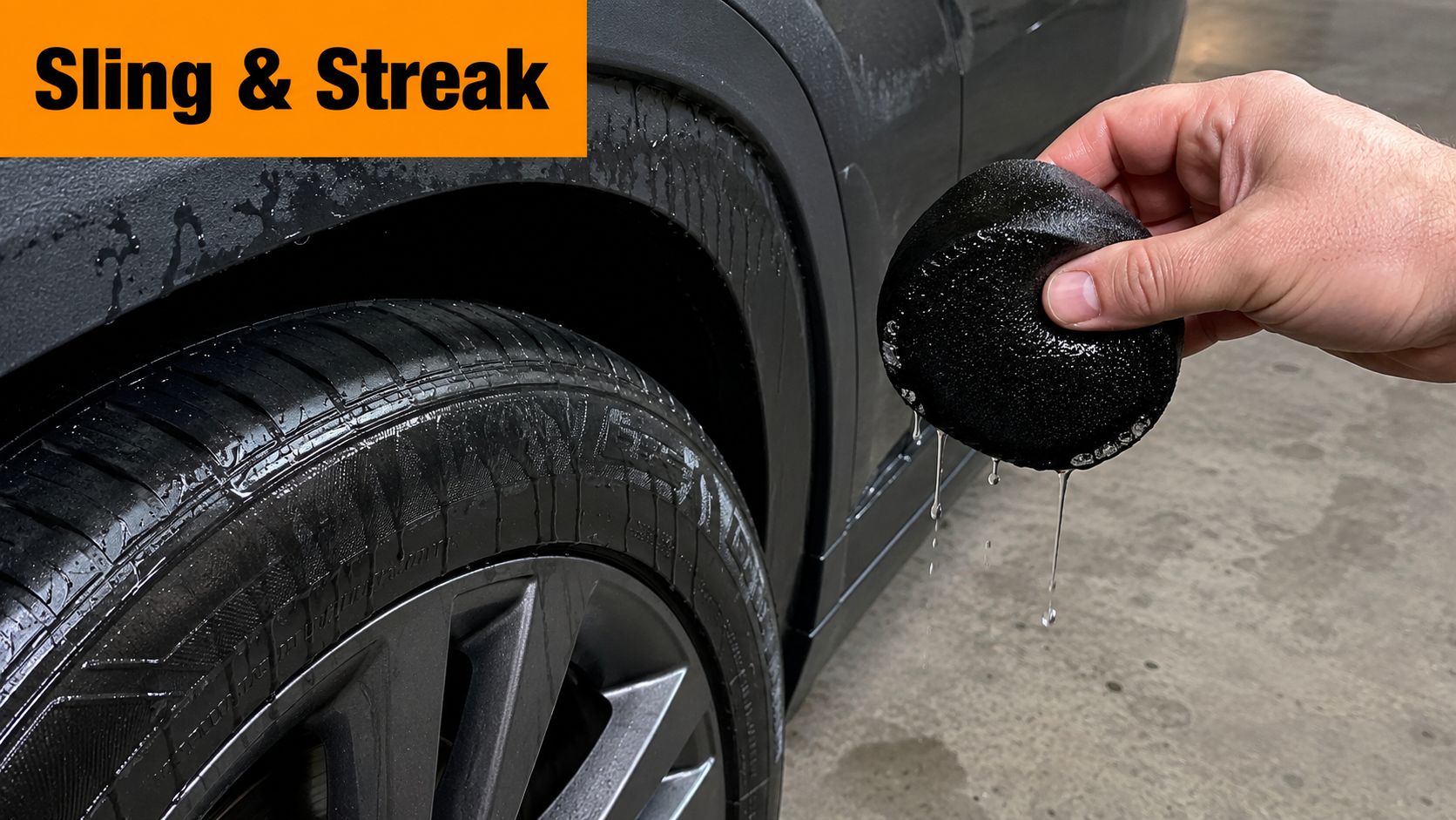 A hand holding a dripping sponge used for applying tire shine to a car wheel.