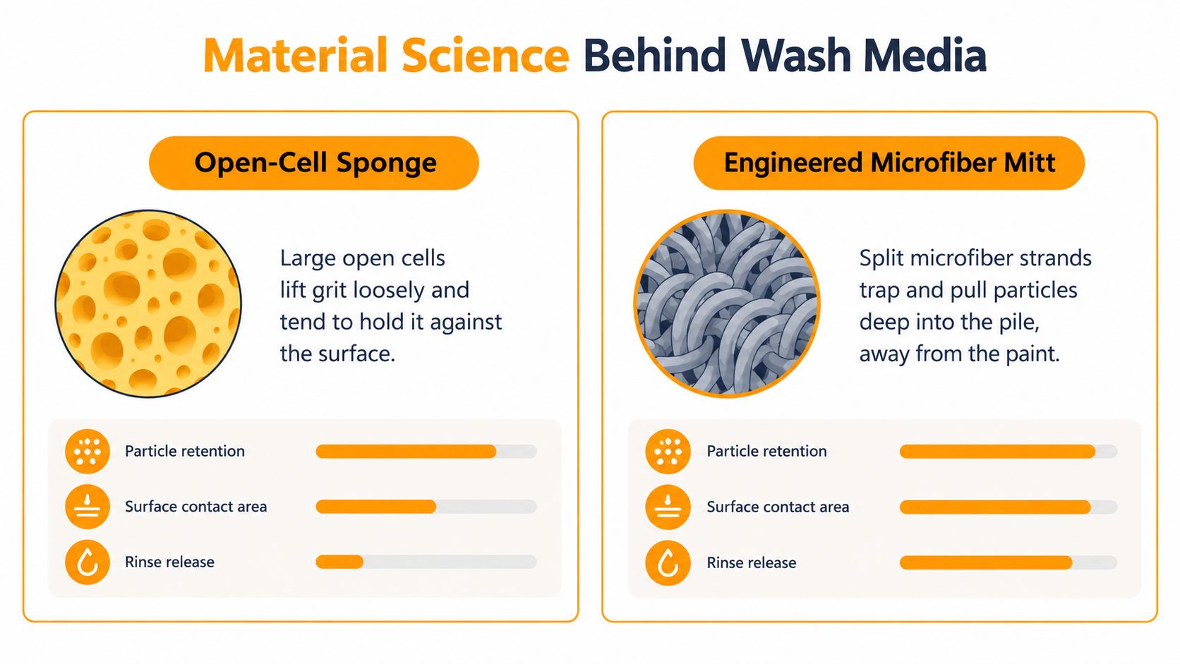 A comparison infographic showing material differences between an open-cell sponge and an engineered microfiber wash mitt.