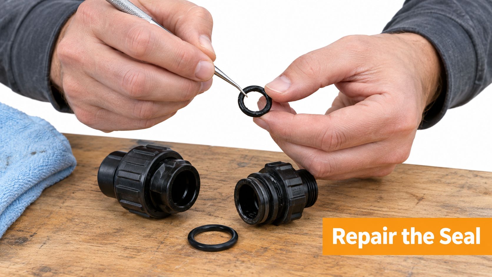 A close-up view of hands repairing a black plastic garden hose quick connect coupling using a tool.