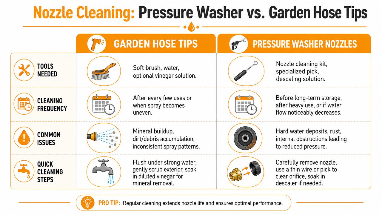 A comparison chart showing maintenance and cleaning instructions for garden hose tips and pressure washer nozzles.