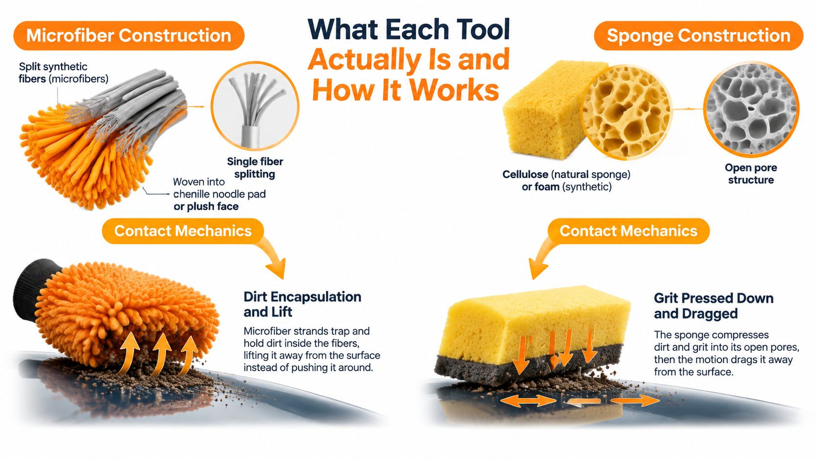 A comparison infographic showing how microfiber wash mitts lift dirt versus sponges dragging grit on surfaces.