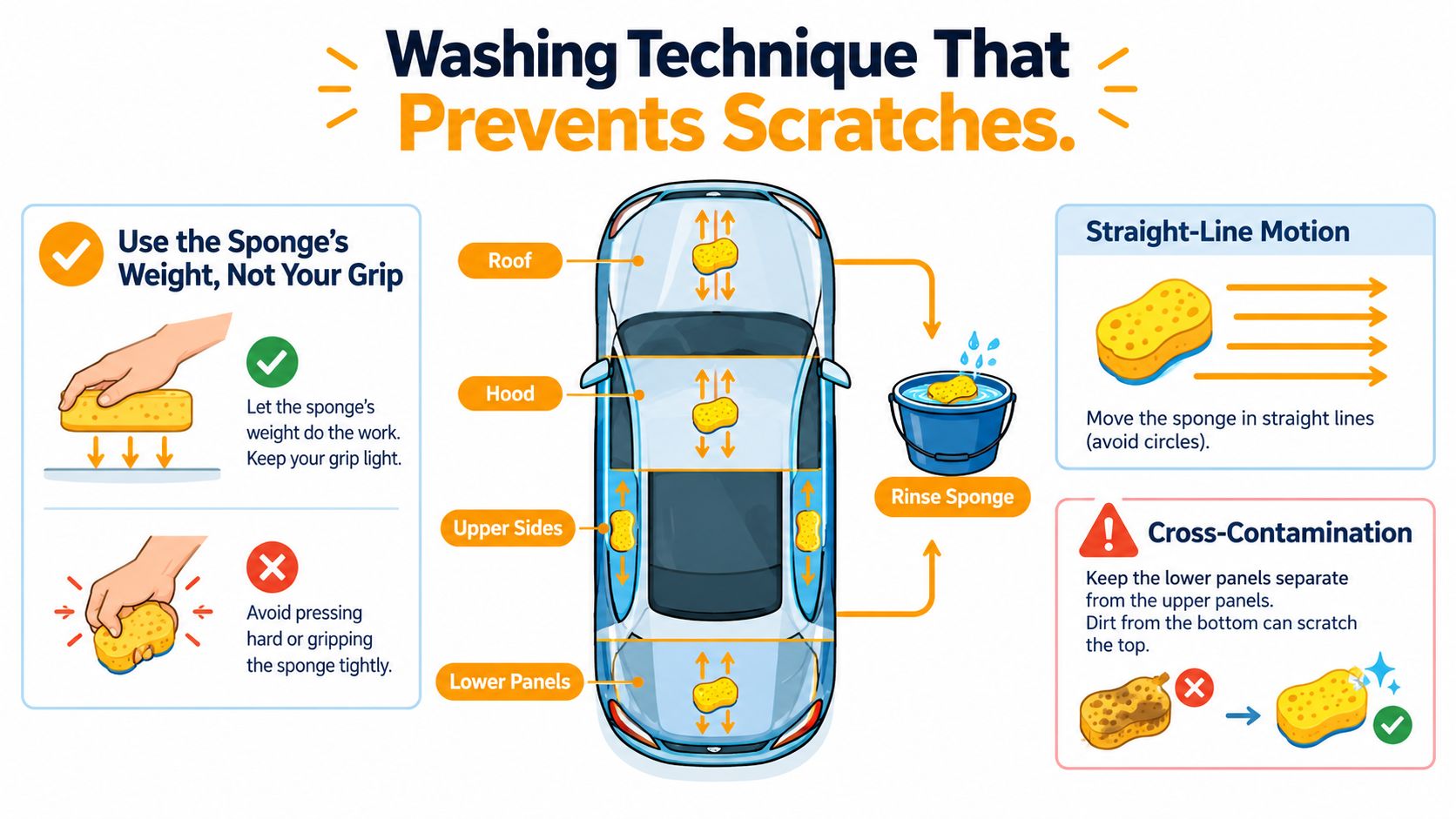 An infographic illustrating the proper technique for washing a car to prevent scratches using a sponge.