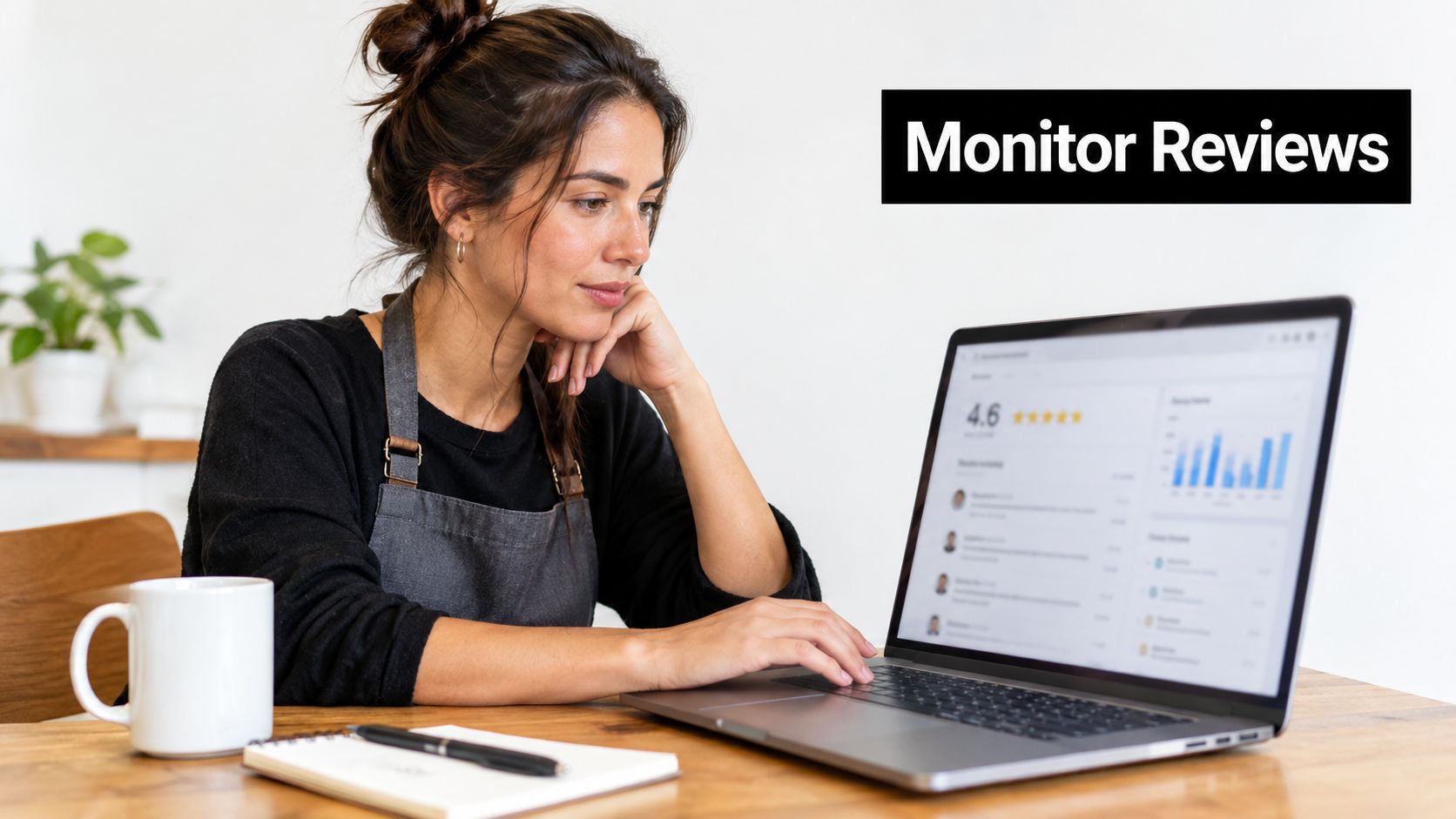 A woman wearing an apron working on a laptop while analyzing online customer feedback and ratings.