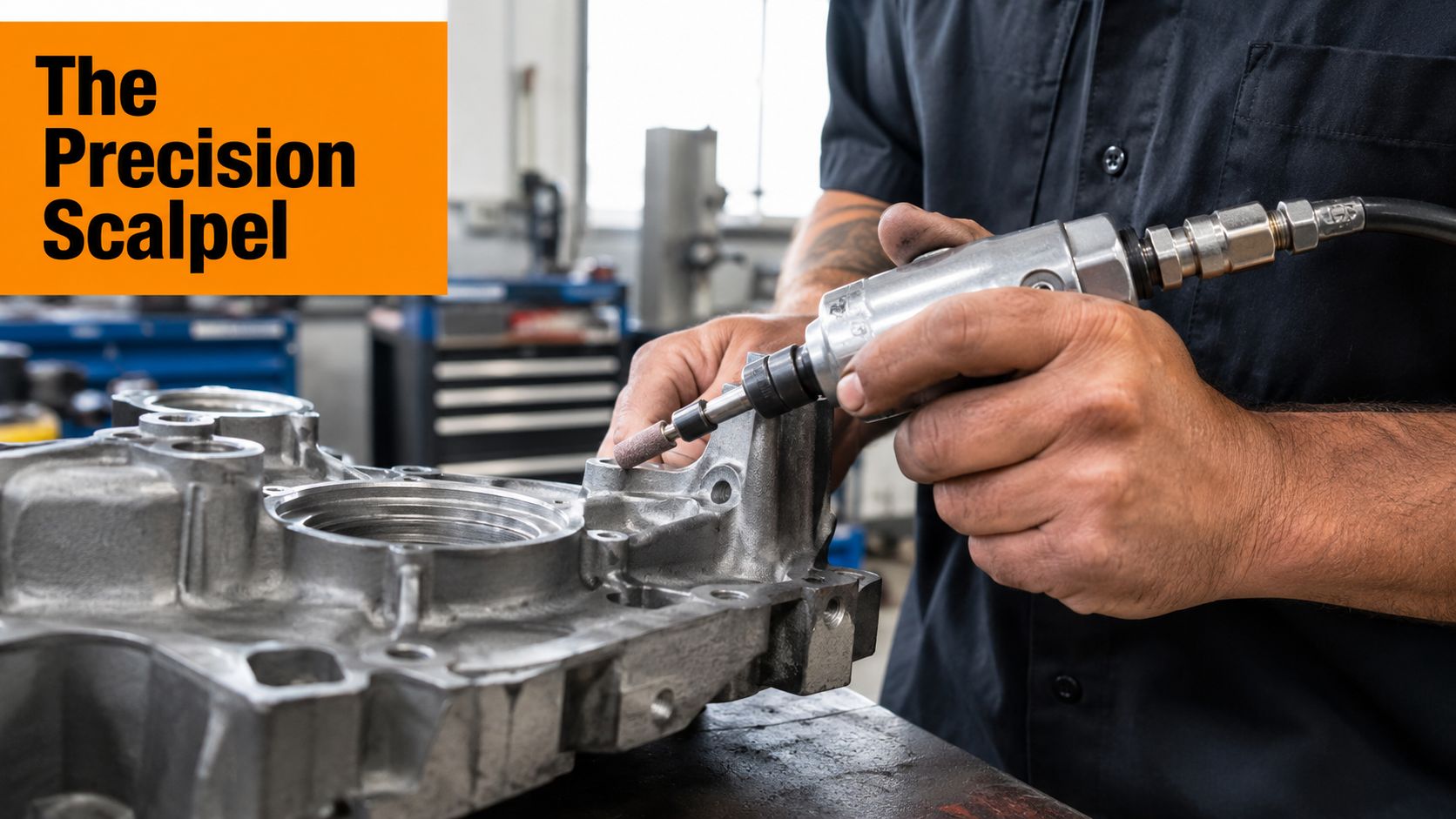 A skilled mechanic using a pneumatic air die grinder to smooth a metal engine casting component.