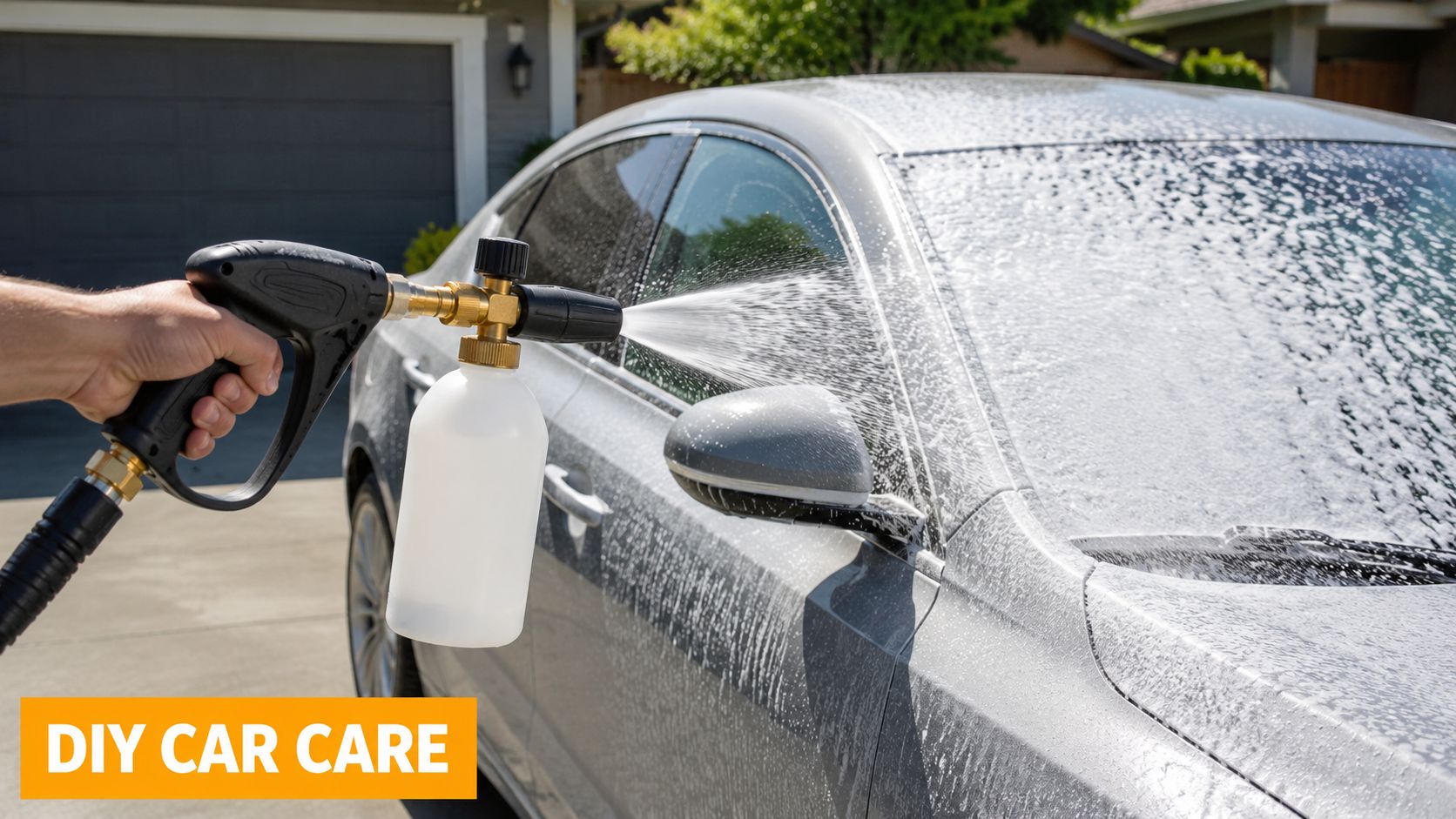 A person washing a silver car using a foam cannon attached to a pressure washer hose.