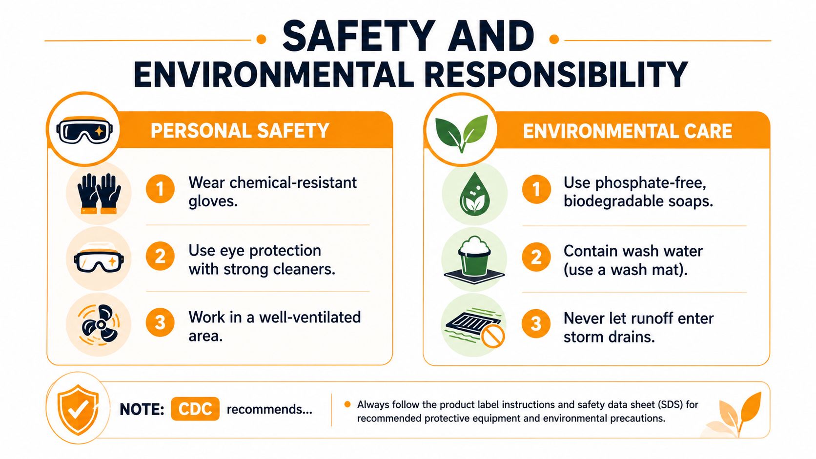 An infographic detailing safety precautions for personal protection and environmental responsibility during cleaning tasks.