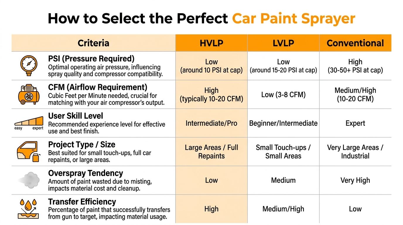 A comparison chart outlining criteria for choosing a car paint sprayer, including HVLP, LVLP, and conventional models.