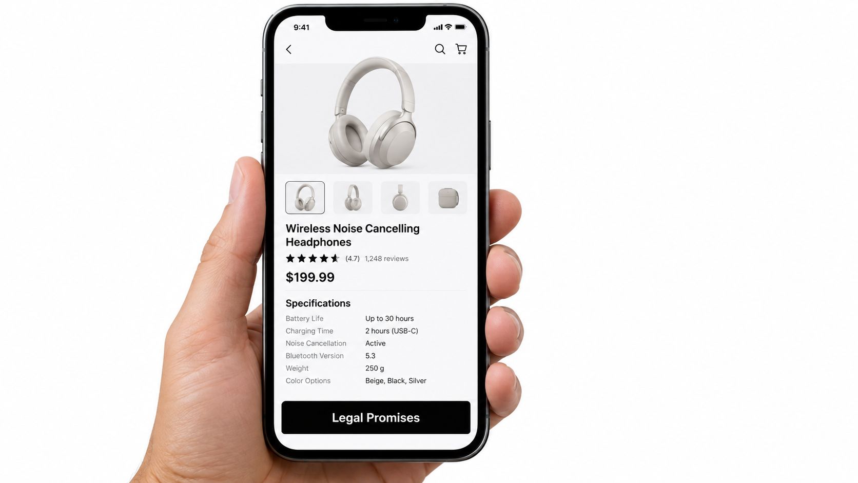 A hand holding a smartphone displaying an e-commerce product page for wireless noise cancelling headphones.