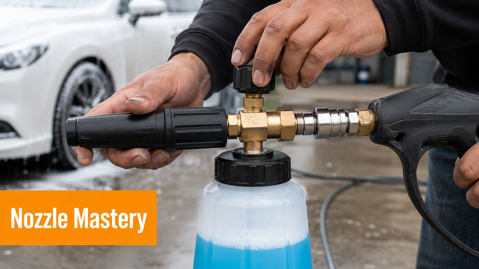 A person adjusting the nozzle on a foam cannon attachment for a pressure washer car cleaning tool.
