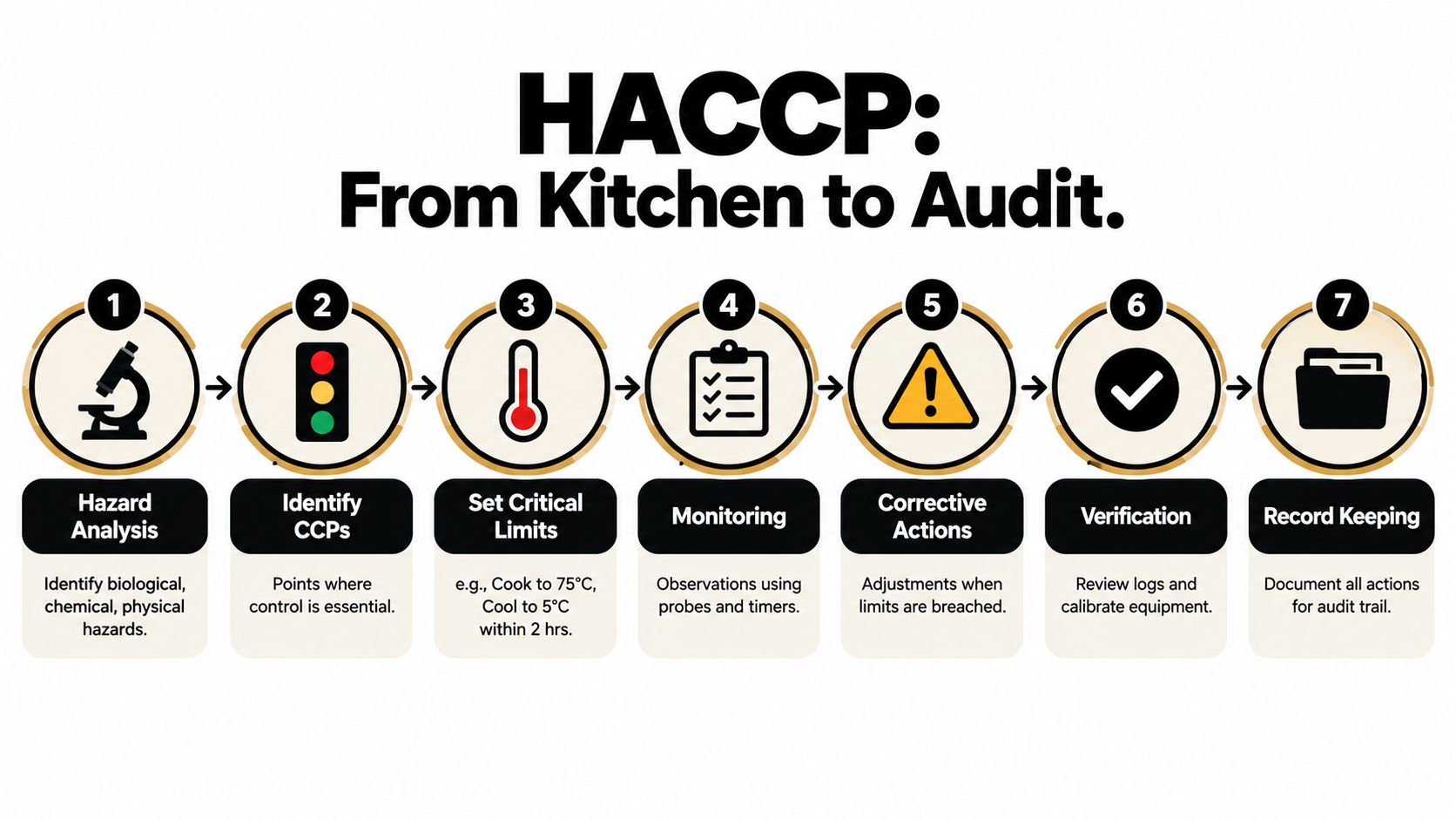A seven-step flowchart illustrating the HACCP process for food safety from hazard analysis to record keeping.