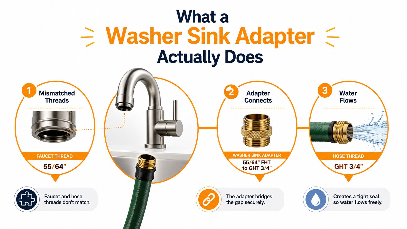 A diagram illustrating how a washer sink adapter connects a faucet thread to a garden hose thread.