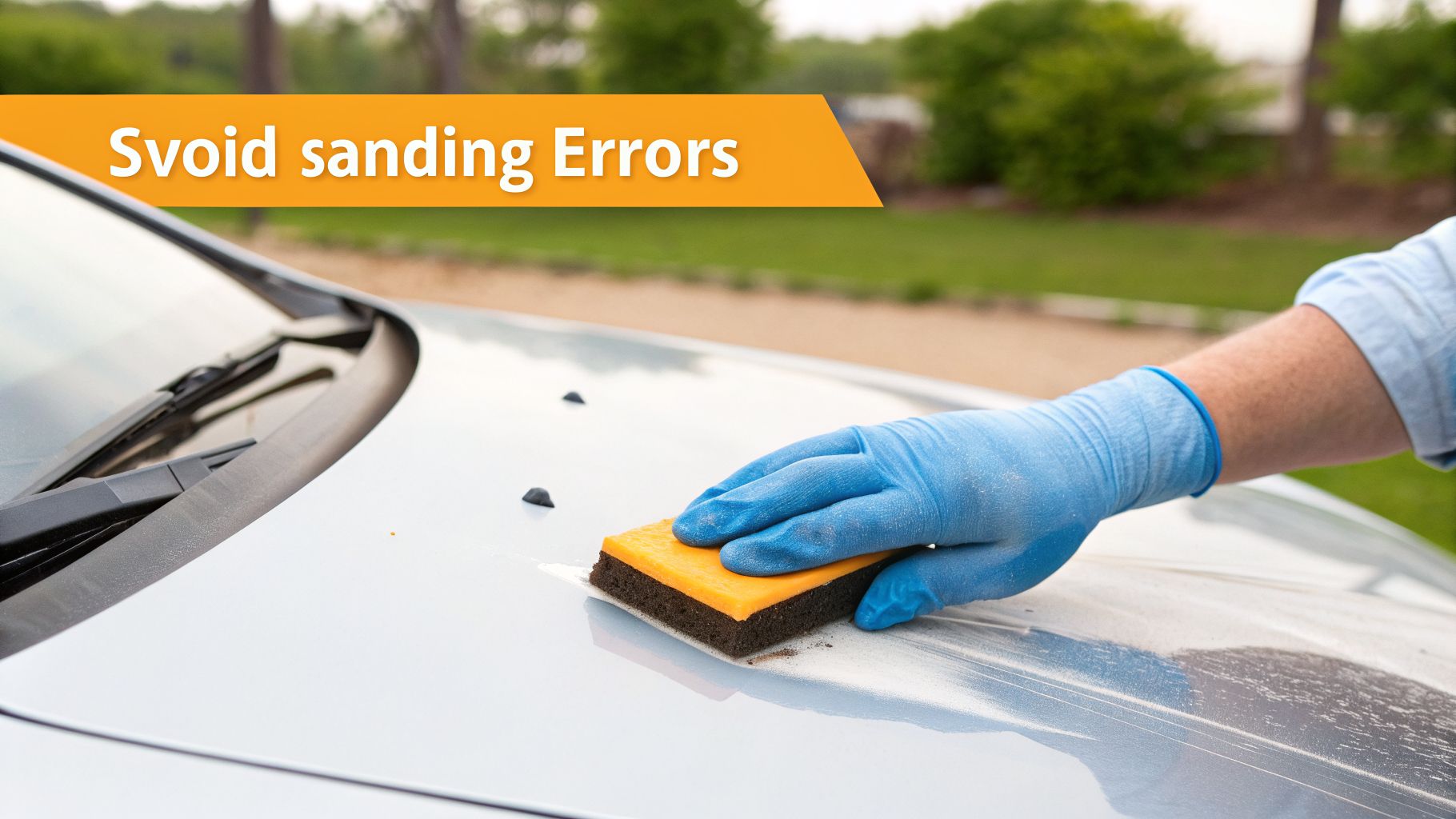 A person wearing a blue glove uses an orange sanding block on a car's hood.