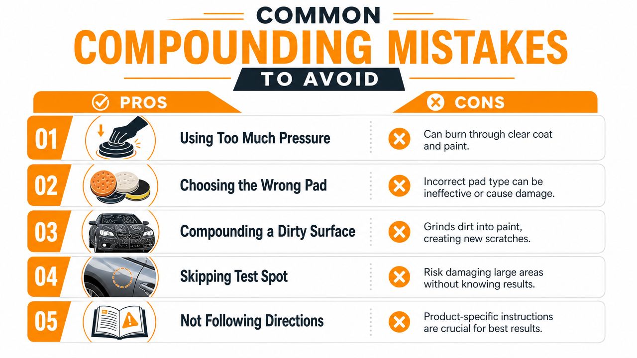 An infographic detailing five common mistakes to avoid when using car compounding products for vehicle paint.