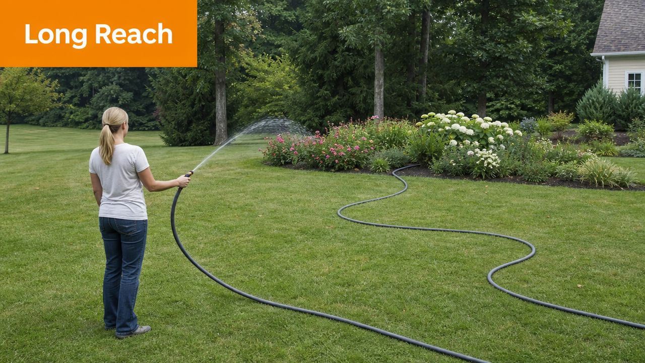 A woman stands in a lush green backyard holding a long garden hose and spraying water.