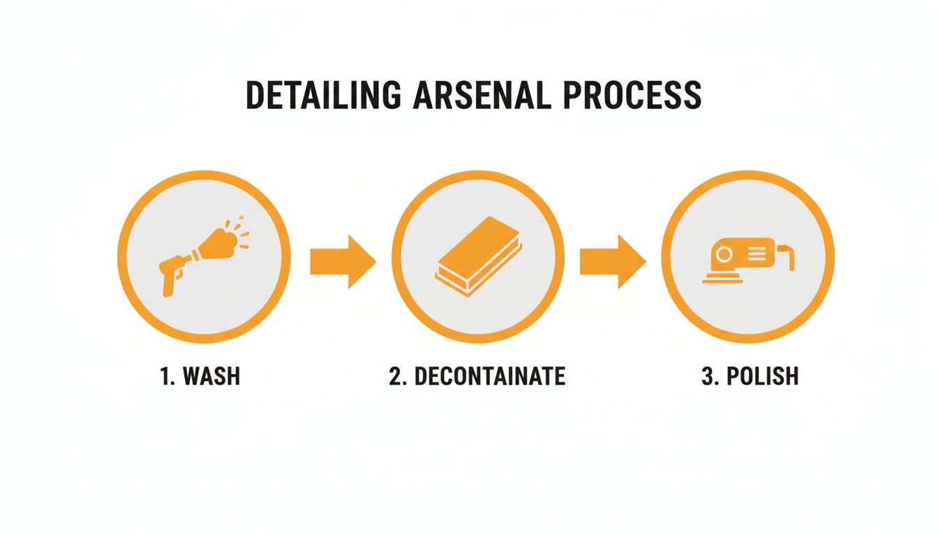 Diagram showing a 3-step car detailing process: wash, decontaminate, and polish with icons.