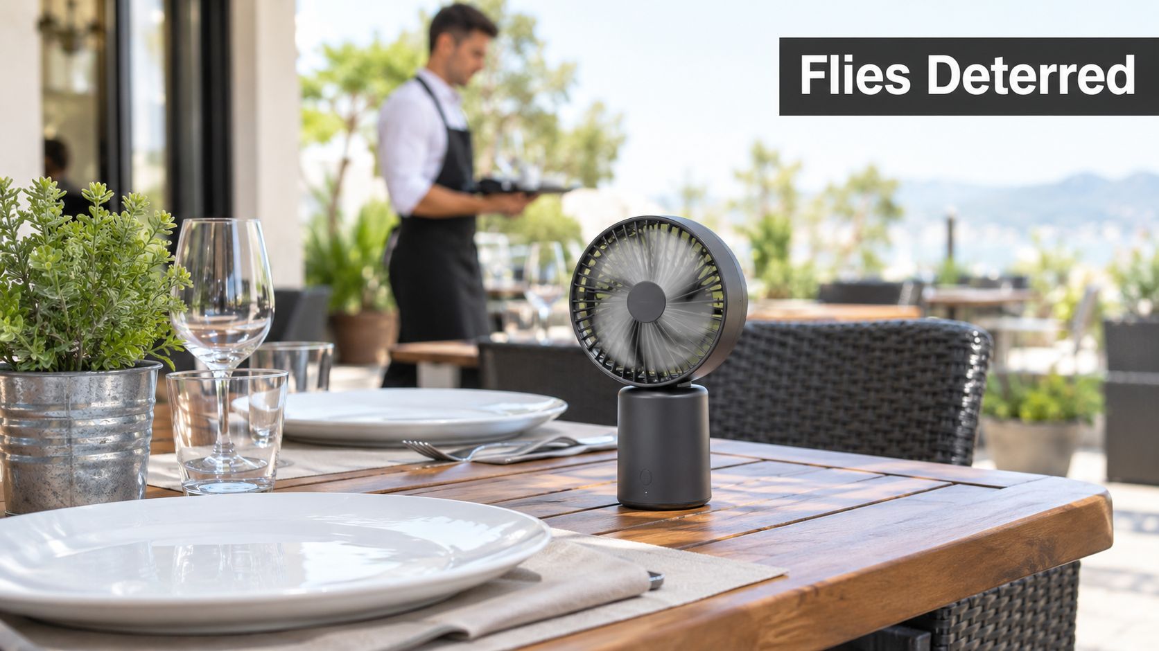 A modern, small, portable black fan sits on an outdoor restaurant table to deter flies during dining.
