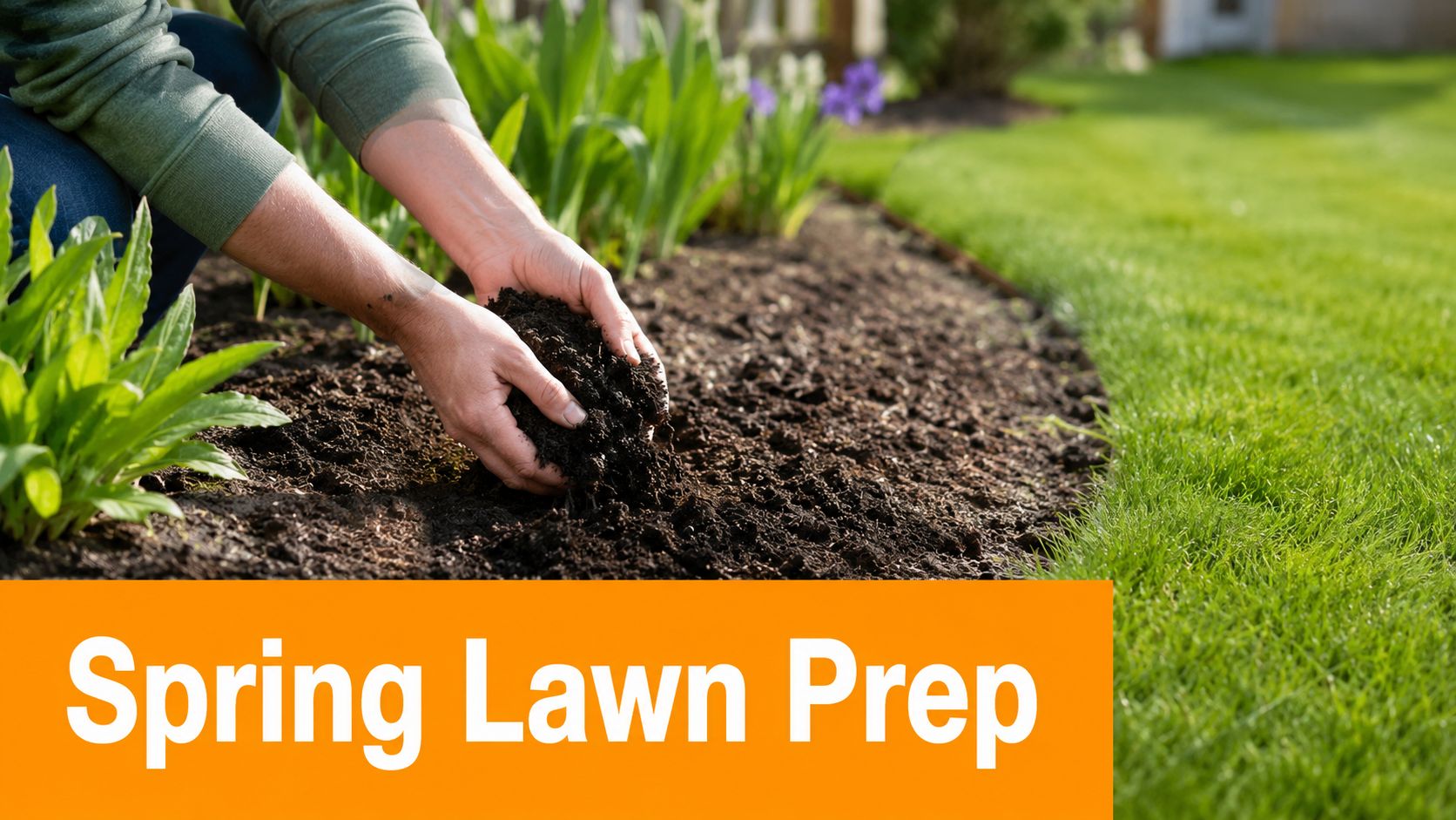 A gardener tending to dark soil in a garden bed during spring lawn maintenance preparations.