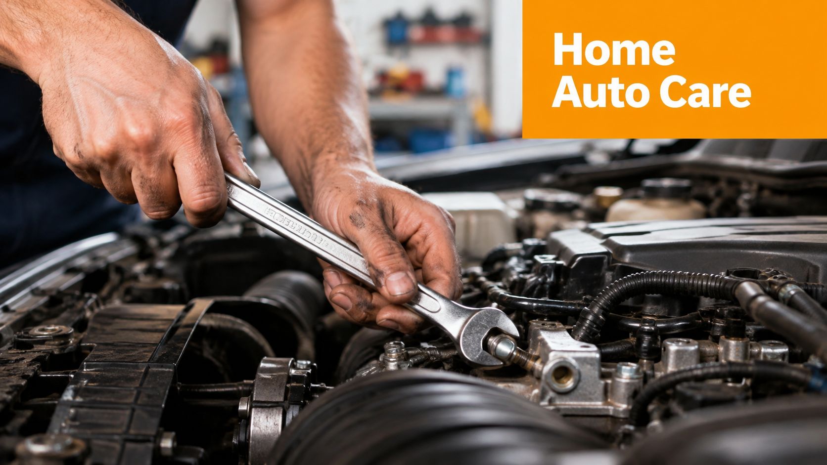 A professional mechanic using a metallic wrench to tighten a bolt inside a dark car engine bay.