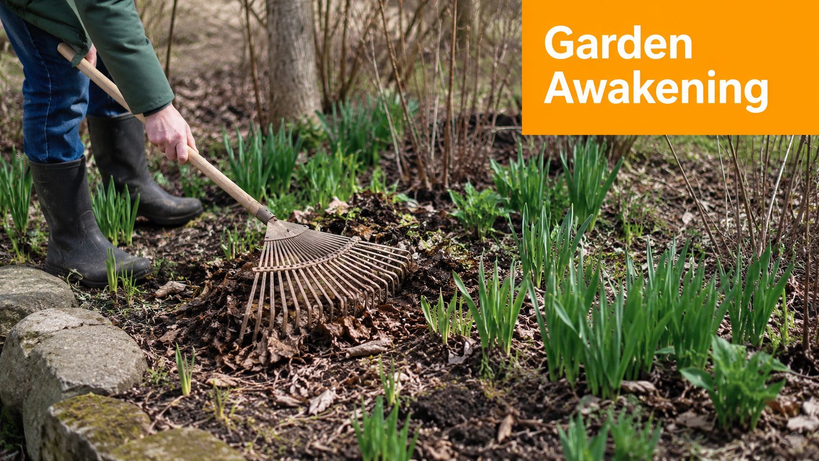 A person wearing boots and a green jacket raking dead leaves in a spring garden.