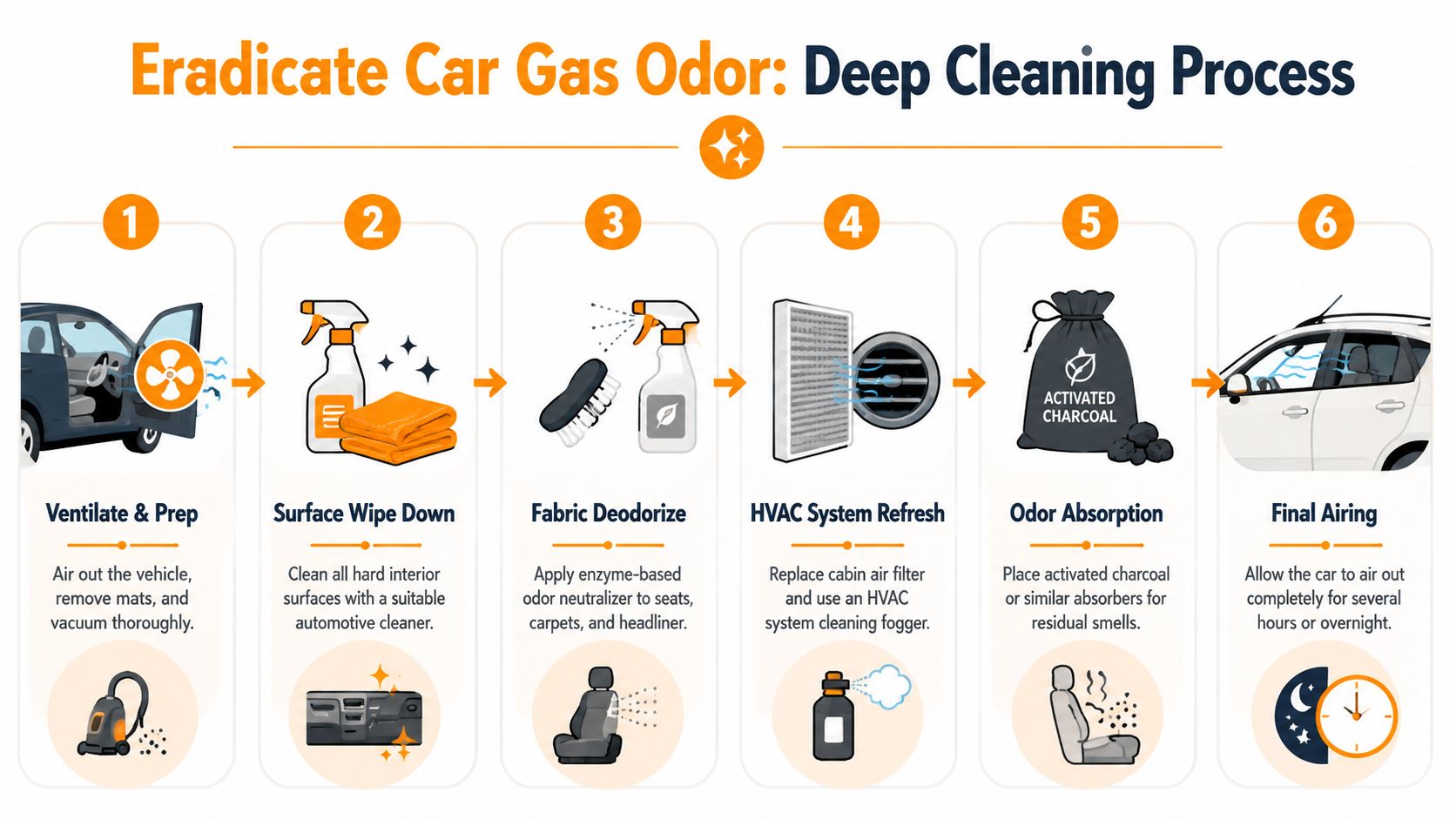 An infographic showing a six-step process for removing gasoline odors from a car interior effectively.
