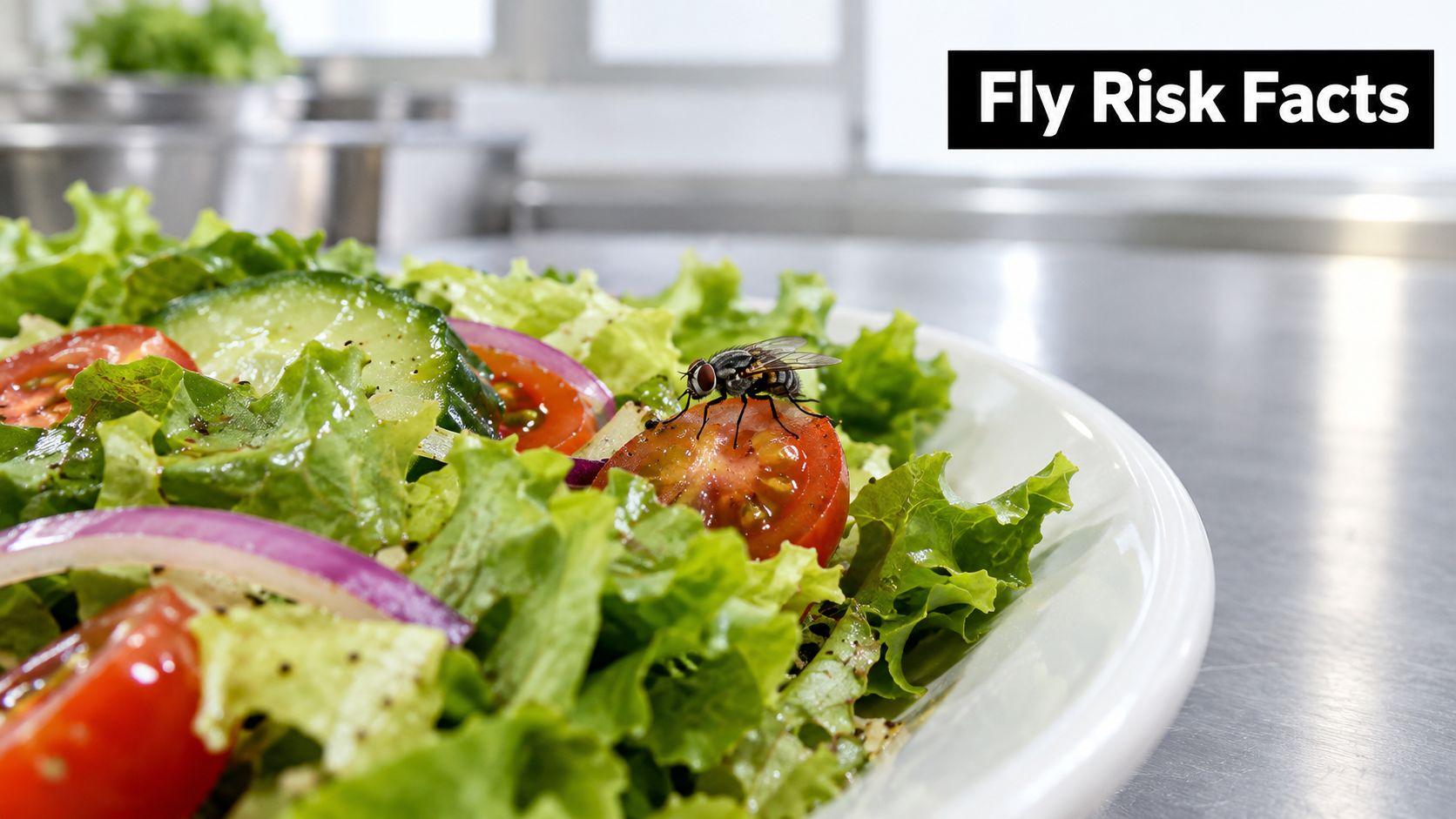 A housefly resting on a fresh green salad with tomatoes and cucumbers in a kitchen setting.