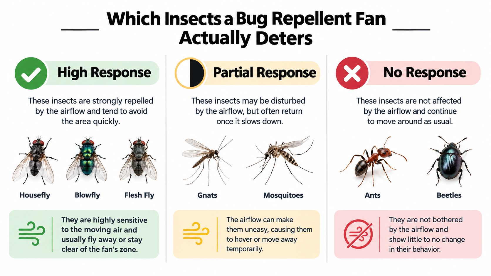 An infographic categorizing insect responses to a bug repellent fan as high, partial, or no response.