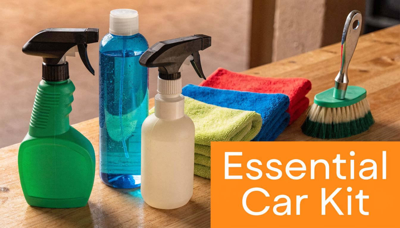 A collection of essential car cleaning supplies including spray bottles, microfiber towels, and a scrubbing brush.