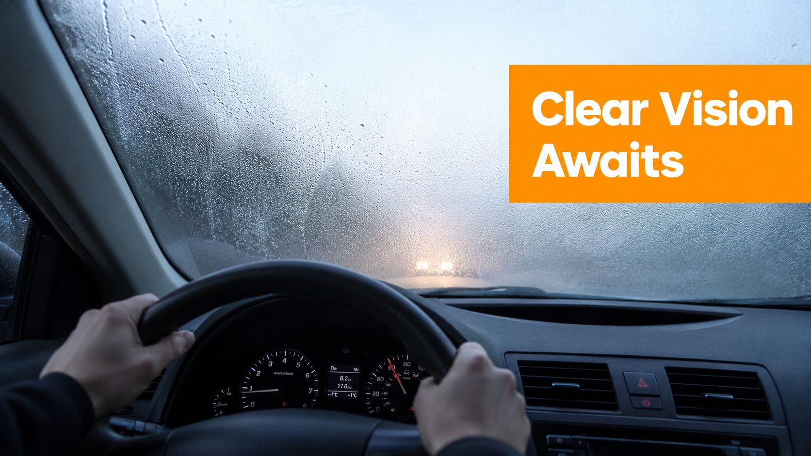 A person driving a car on a rainy, foggy day with poor visibility through the windshield.