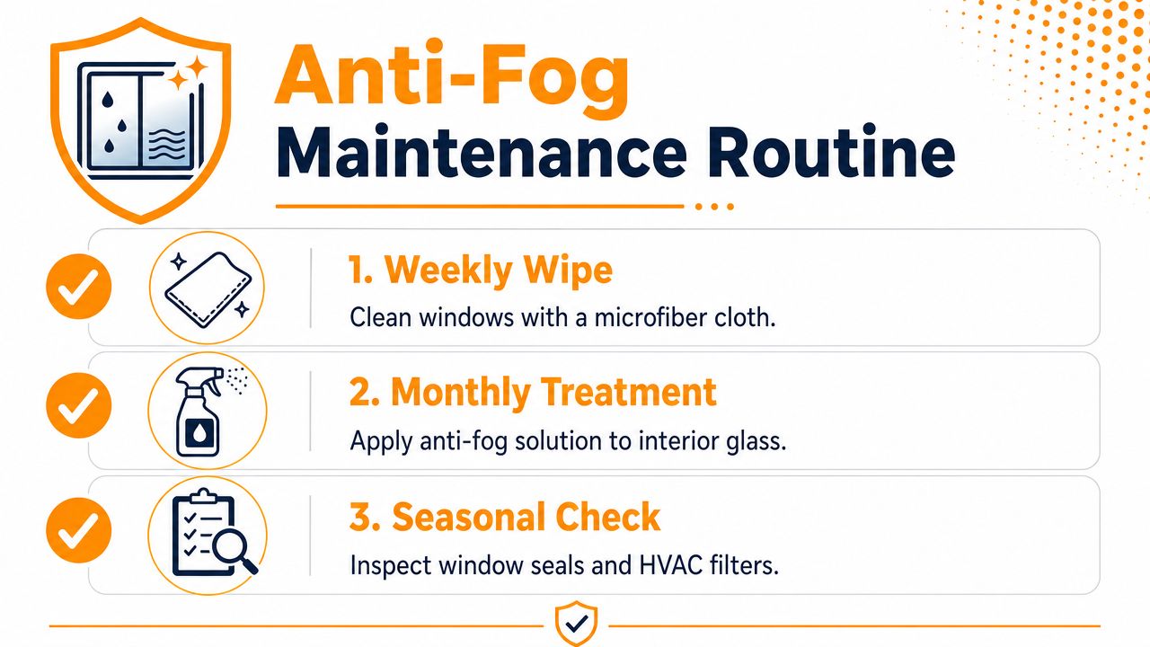 A helpful infographic showing a three-step maintenance routine to keep car windows clear and free of fog.