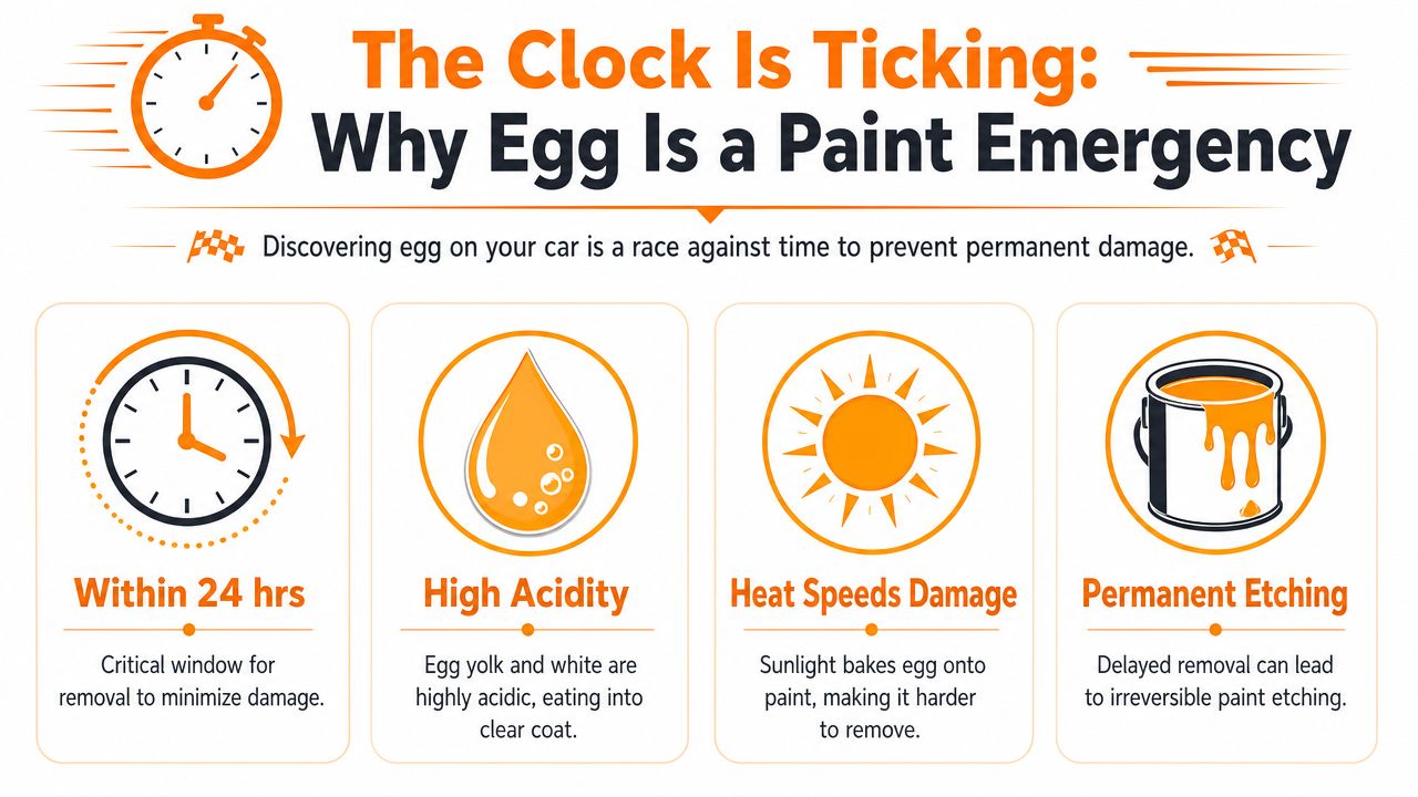 An infographic titled The Clock Is Ticking explaining why egg residue on a car causes paint damage.