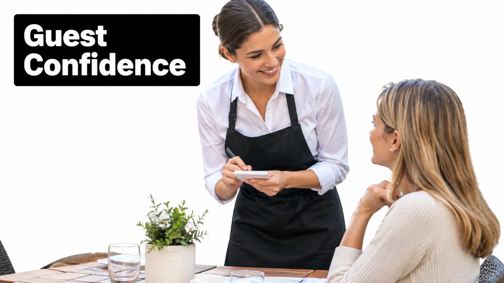 A friendly waitress takes an order from a customer at an outdoor restaurant dining table.