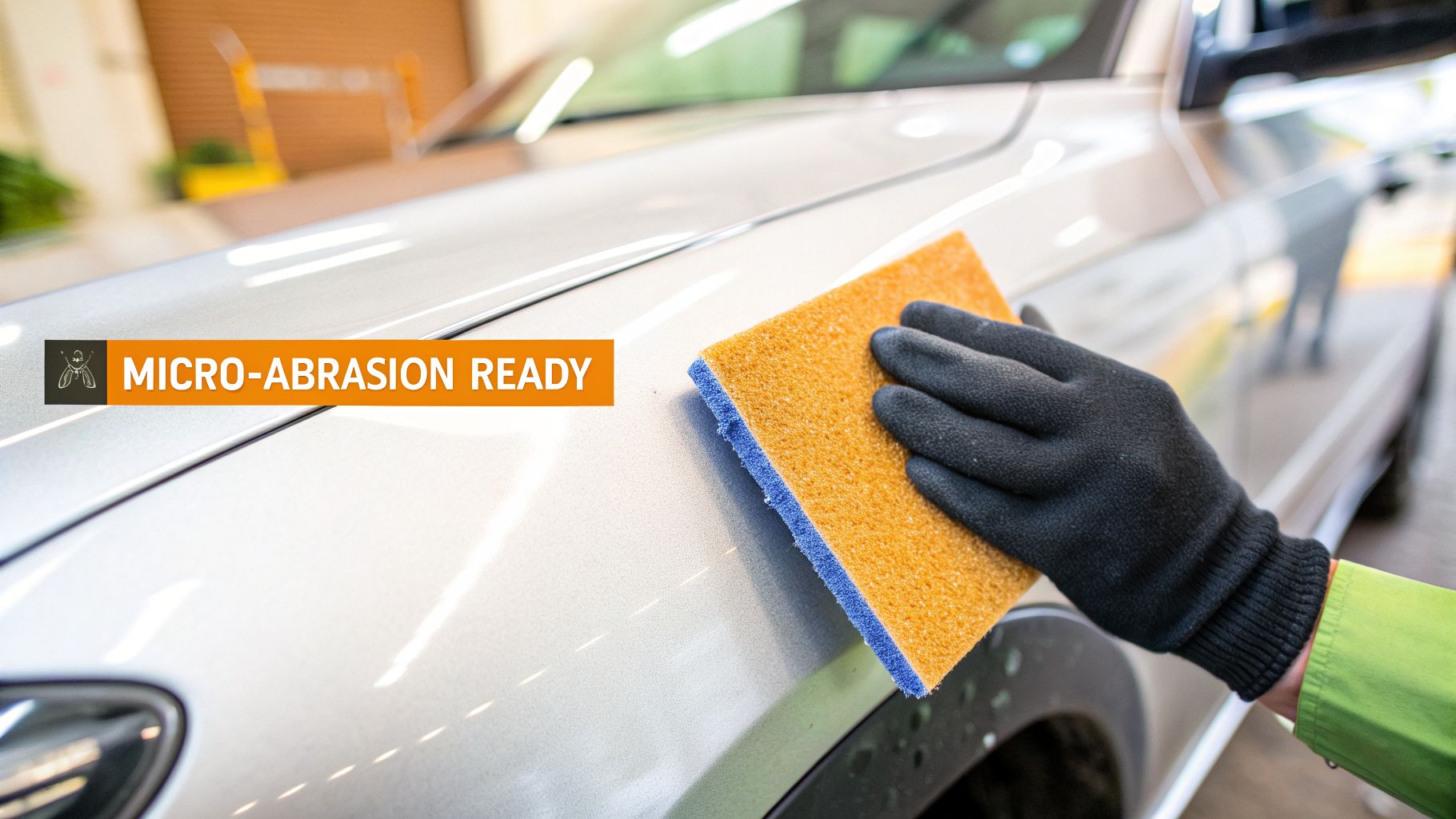 A gloved hand uses an orange and blue sponge to scrub a silver car, with 'MICRO-ABRASION READY' text.