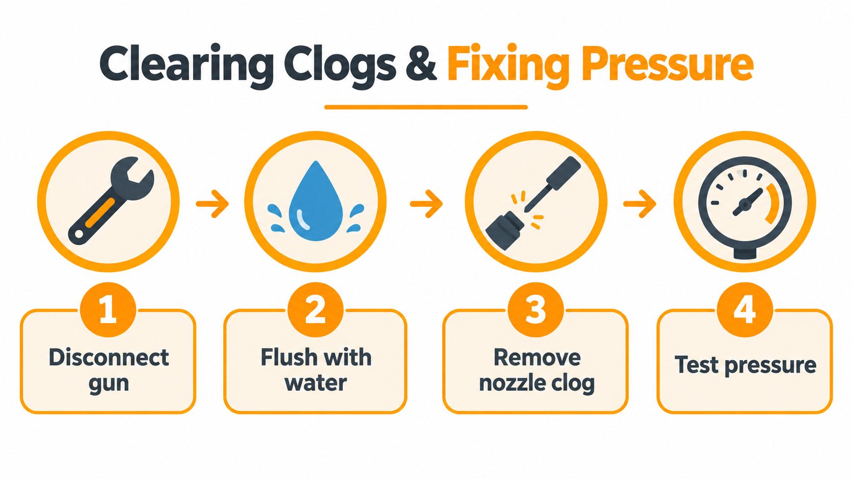 A four-step infographic illustrating how to clear clogs and fix pressure issues in spray foam equipment.