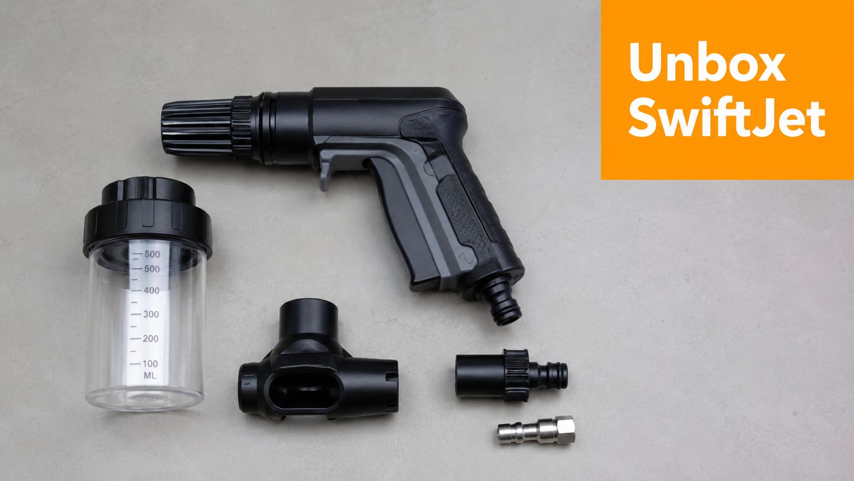 A product unboxing layout showing a handheld pressure washer spray gun and its detachable components.