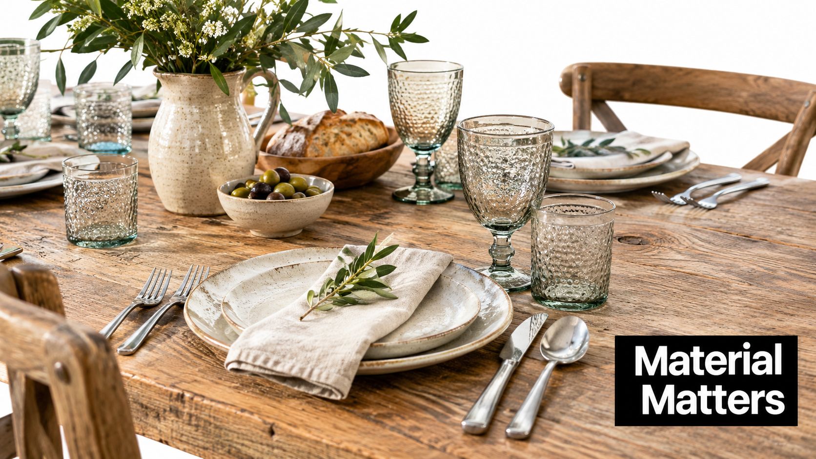 A rustic wooden dining table set for dinner with ceramic plates, glassware, and fresh olive branches.